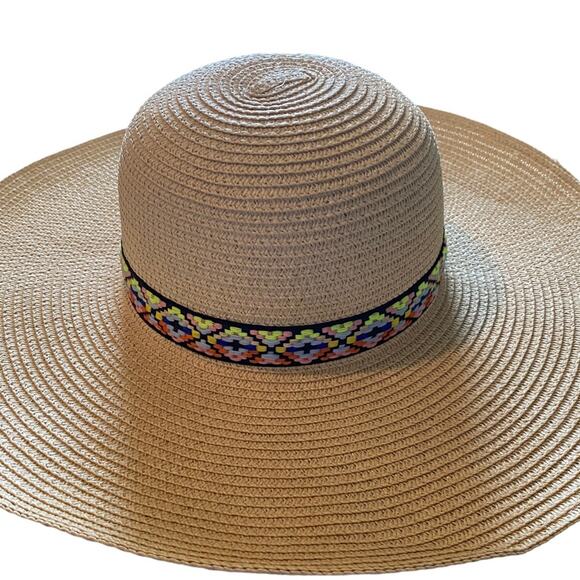 Straw Beach Cover Hat Wicker Beige Multicolored Embroidered Ribbon Summer Spring - Picture 3 of 10